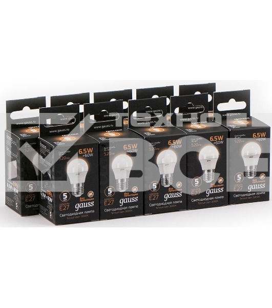 Лампа светодиодная Gauss Black 6.5Вт цок.:E27 шар 220B 3000K св.свеч.бел.теп. G45 (упак.:10шт) (105102107)