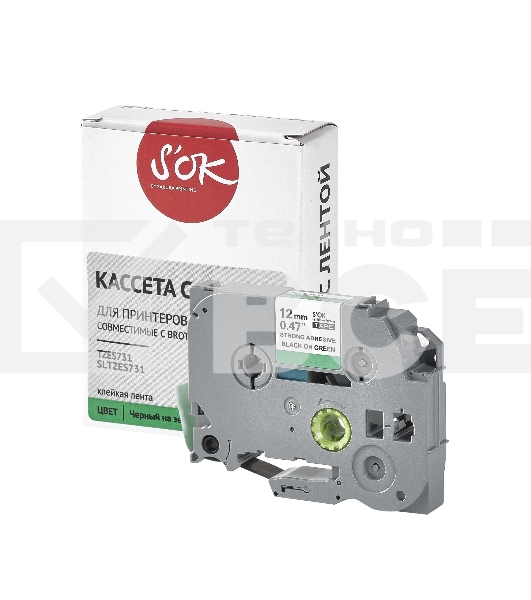 Кассета с лентой S'OK by Sakura Printing TZES731 для Brother, черный на зеленом, 12мм/8м, наклейка