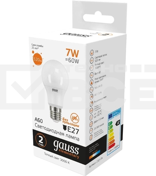 Светодиодная лампа GAUSS 23217A LED Elementary A60 7W E27 520lm 2700K 1/10/100 0