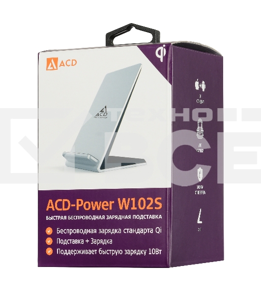 Зарядное устройство ACD-W102S-F1S 10Вт, беспроводная Qi, 2-катушки с QC, 5В/2А ~ 9В/1,8А RTL