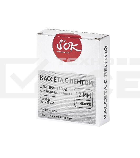 Кассета с лентой S'OK by Sakura Printing TZES931 для Brother, черный на серебре, 12мм/8м, наклейка