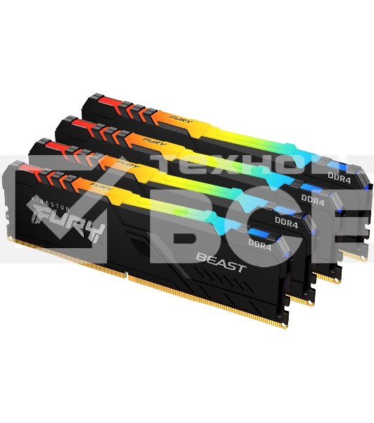 Оперативная память Kingston Fury Beast, DDR4, 64GB (4x16GB), 2666MHz, CL16, с радиатором, RGB, чёрный
