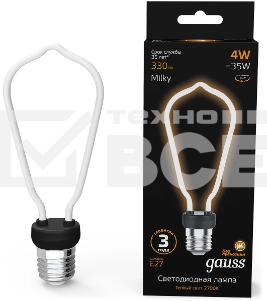 Лампа светодиодная Gauss Filament 4Вт цок.:E27 трубка 220B св.свеч.бел.теп. (упак.:10шт)