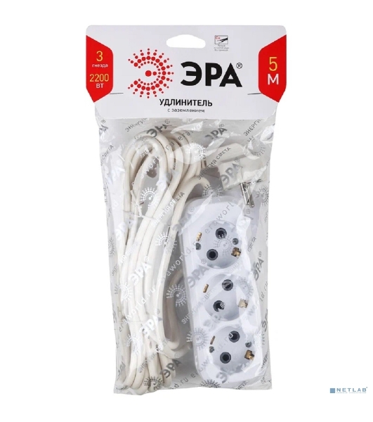 Удлинитель UX-3e-5m c заземл, 3х0,75мм2, ПВС, 3гн, 5м (5/20/600)) |Б0038576 | ЭРА