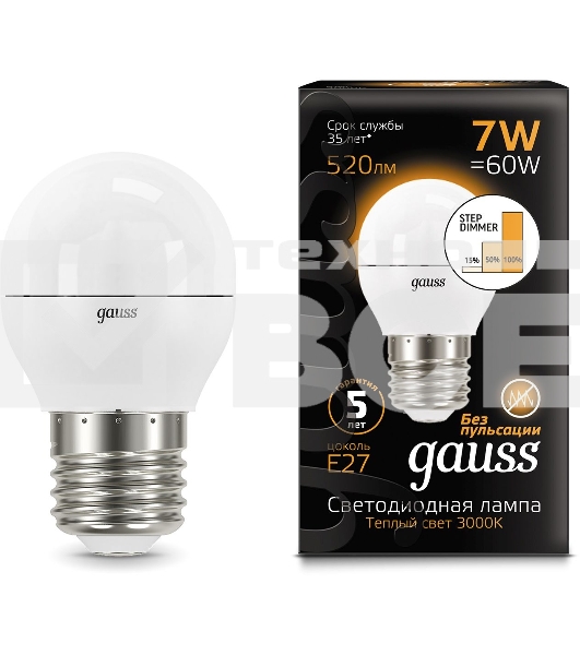 Лампа светодиодная Gauss Black 6.5Вт цок.:E27 шар 220B 3000K св.свеч.бел.теп. G45 (упак.:10шт) (105102107)