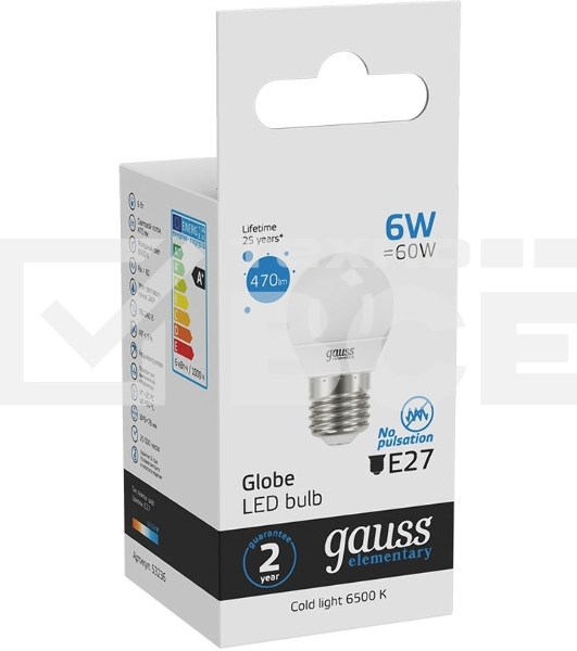 Лампа светодиодная Gauss Elementary 6Вт цок.:E27 шар 220B 6500K св.свеч.бел.хол. (упак.:10шт) (53236)