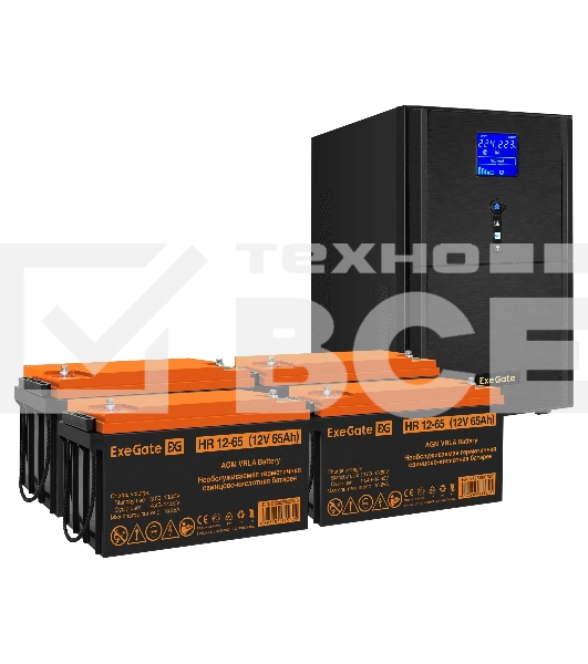 Комплект Источник бесперебойного питания EX295990RUS + батарея 65Aч EX282982RUS 4шт (инвертор, синус, для котла) ExeGate SineTower SZ-3000.LCD.AVR.3SH.1C13.RJ.USB <3000VA/2400W, чистый синусоида, LCD дисплей, AVR, 3*Schuko+1*C13, RJ45/11, USB, линейно-инт