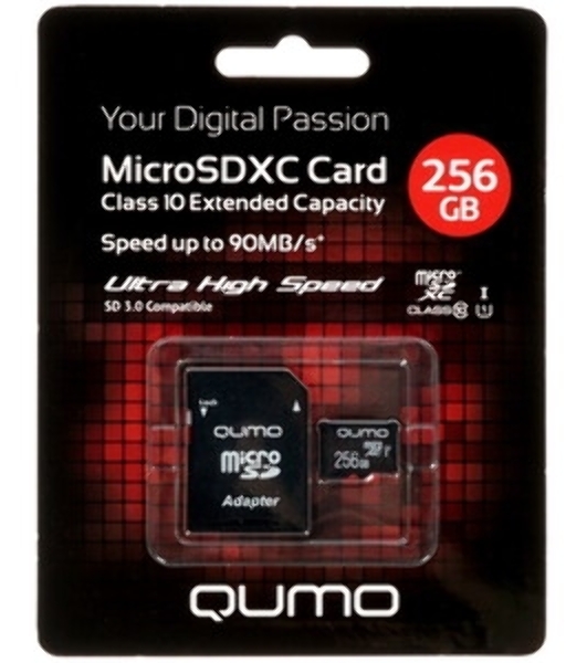 Карта памяти QUMO MicroSDXC 256 GB UHS-I, 3.0 , адаптер в комплекте SD, R/W 90/20 MB/s черно-красная картонная упаковка