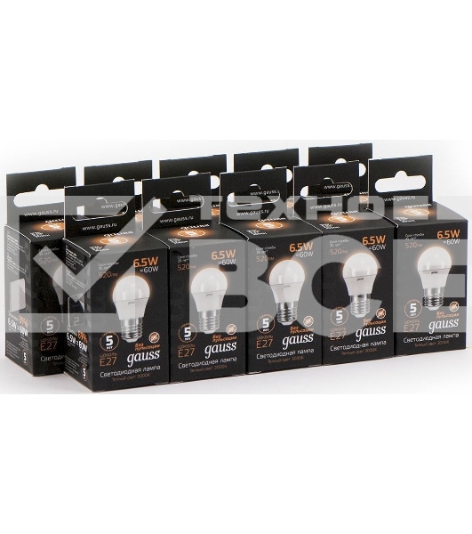 Лампа светодиодная Gauss Black 6.5Вт цок.:E27 шар 220B 3000K св.свеч.бел.теп. G45 (упак.:10шт) (105102107)