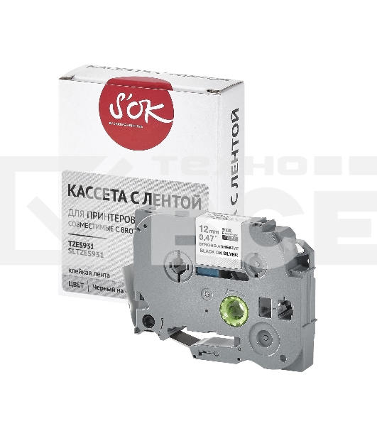 Кассета с лентой S'OK by Sakura Printing TZES931 для Brother, черный на серебре, 12мм/8м, наклейка