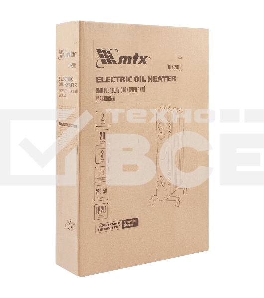 Масляный обогреватель MTX OCH-2000, белый, 2000 Вт, 20 м2, термостат