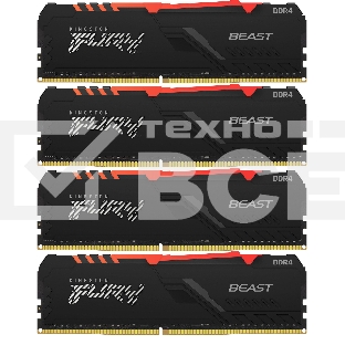 Оперативная память Kingston Fury Beast, DDR4, 64GB (4x16GB), 2666MHz, CL16, с радиатором, RGB, чёрный