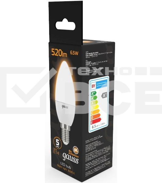 Лампа светодиодная Gauss Black 6.5Вт цок.:E14 свеча 220B 3000K св.свеч.бел.теп. C37 (упак.:10шт) (103101107)