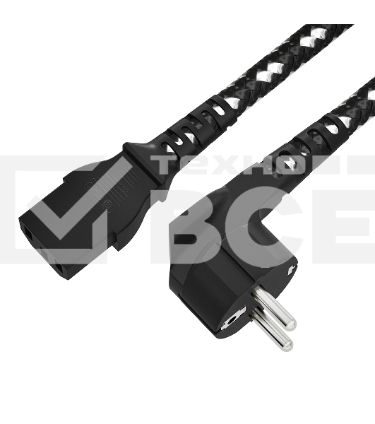 Кабель питания GCR 2.0m, евровилка угловая Schuko - С13, текстиль, черно-белый, 3x0,75мм