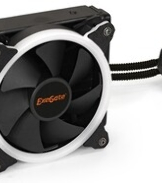 Комплект жидкостного охлаждения ExeGate BlackWater-120V3.PWM.RGb (RGb подсветка, LGA2066/2011/1366/1150/1151/1155/1156/1200/1700/1851/AM4/AM5/FM1/FM2/FM2+/AM2/AM2+/AM3/AM3+, TDP 150W, Fan 120мм 4pin PWM 600-1800RPM Hydro bearing, помпа 3pin 2700RPM, макс. шум 37db, с термопастой, на винтах, черный, Color Box)