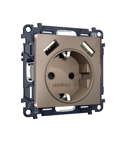 Комплект механизма электрической розетки ALFA Темная бронза матовый 2USB A+A 18W (быстрая зарядка) с/з QUANT (AP6390, VM155) MA639010