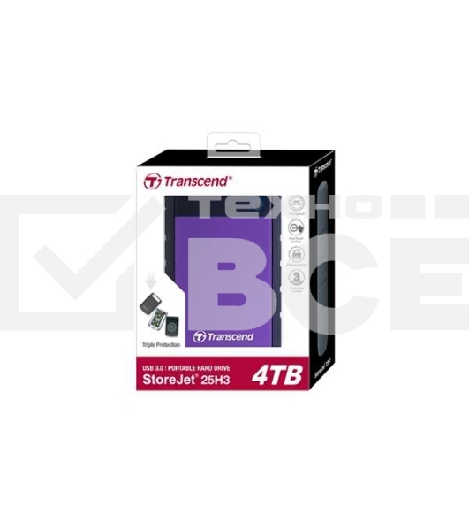 Внешний HDD 2.5' Transcend StoreJet 25H3, 4TB, USB 3.2 Gen 1 Type-A, 5400 rpm, фиолетовый