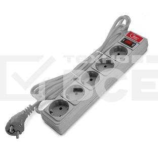 Удлинитель с сетевым фильтром 5х3 м 10А ПВС 3х0.75 серый, Союз 1329