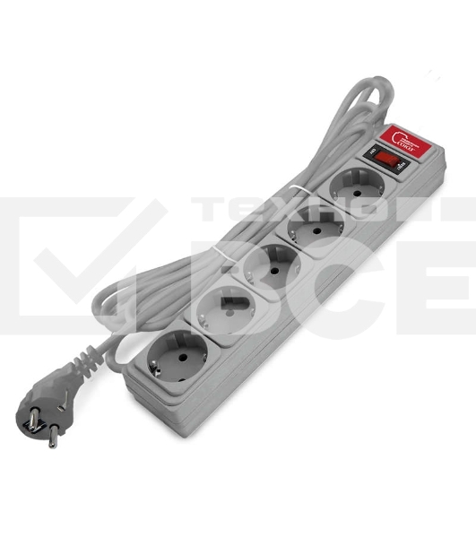 Удлинитель с сетевым фильтром 5х3 м 10А ПВС 3х0.75 серый, Союз 1329