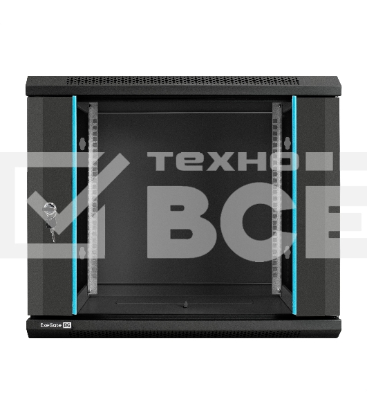 Шкаф телекоммуникационный 19' настенный 9U ExeGate EC-WM-9U.600.G.BLACK (19', 9U, 600x600x500мм (ШхГхВ), передняя дверь закаленное стекло, съемные боковые панели, пыле- и влагозащита IP23, черный RAL 9004)