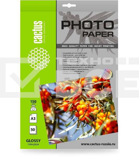 Фотобумага Cactus CS-GA315050 A3/150г/м2/50л./белый глянцевое для струйной печати