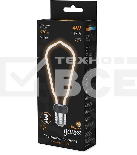 Лампа светодиодная Gauss Filament 4Вт цок.:E27 трубка 220B св.свеч.бел.теп. (упак.:10шт)
