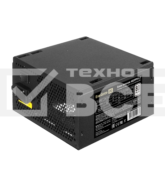 Блок питания ExeGate 400PPH-LT-OEM, 400W, 80 PLUS, (ATX, APFC, SC, КПД 82% (80 PLUS), 12cm fan, 24pin, (4+4)pin, PCI-E, 3xSATA, 3xIDE, black, кабель 220V 1,8м с защитой от выдергивания, RTL)