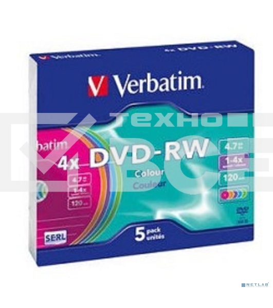 Диск DVD-RW Verbatim 4.7Gb 4x Slim case (5шт) Color (43563)