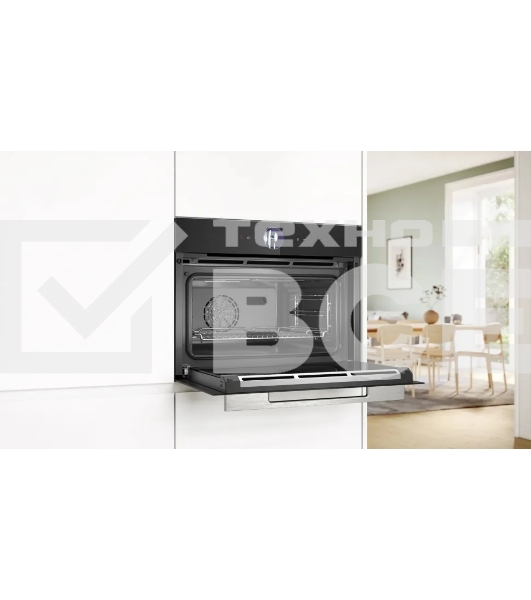 Компактный духовой шкаф-пароварка, черный, 14 режимов + комбинированные режимы, функция приготовление на пару 100%, 4-слойное остекление, 3 цветных текстовых TFT-дисплея 2,5' с сенсорным управлением, ControlRing, функции HomeConnect: удаленная диагностика, контроль и мониторинг, LED-освещение, меню Assist, PerfectBake, термощуп PerfectRoast, самоочистка EcoClean