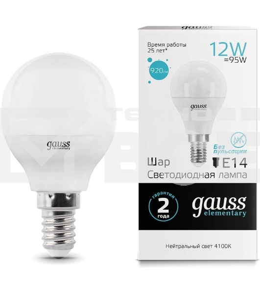 Лампа светодиодная LED Elementary Шар 12W 920lm E14 4100K 53122 Gauss