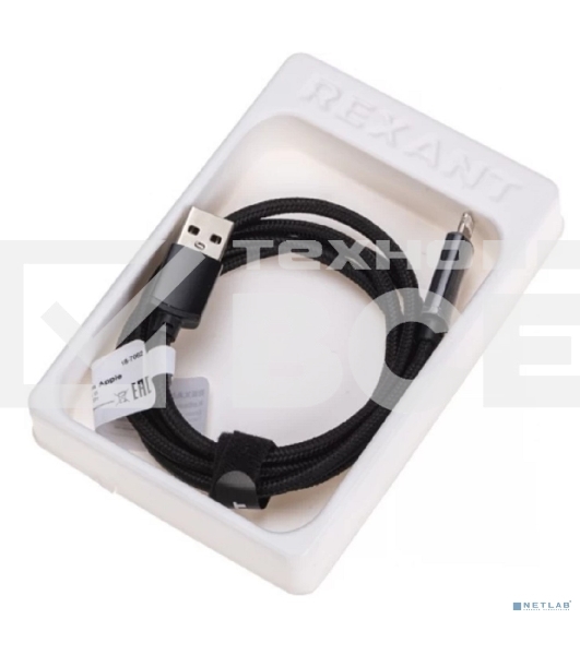 Кабель Rexant USB-A - Lightning для Apple, 2,4А, 1м, в черной нейлоновой оплетке, c LED дисплеем
