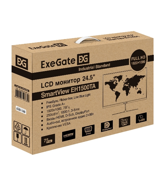 Монитор с аудио 24.5' ExeGate SmartView EH1500TA (IPS LED Grade A+, FHD, 1920x1080@75Гц, 16:9, 250cd/m2, 1000:1, 3-5ms, Speakers, audio-out, D-Sub, HDMI, DisplayPort, USB, кабель HDMI 1,5м, VESA, регулировка наклона (tilt), чёрный)