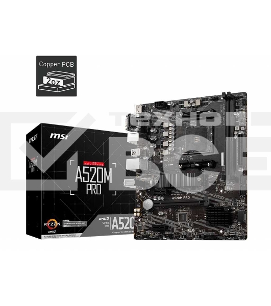 Материнская плата MSI A520M PRO, AM4, AMD A520, 2xDDR4, 4xSATA, 1xM.2, 1xPCIe 3.0 x16, 1xDVI-D, 1xHDMI, 1x 1Gb LAN, 2xUSB 2.0, 4xUSB 3.2 Gen 1, 3x3.5 мм, 7.1, mATX