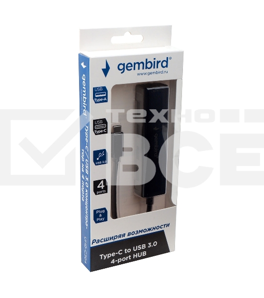 Концентратор USB 3.0 Gembird UHB-C364, 4 порта, Type-C, с доп питанием