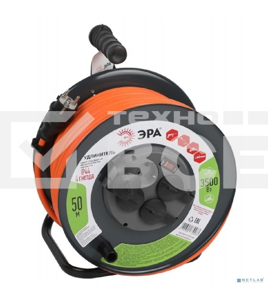 Удлинитель силовой ЭРА RMx-4es-3x2.5-50m-IP44 на металлической катушке с заземлением с выключателем 4 розетки 50 м ПВС