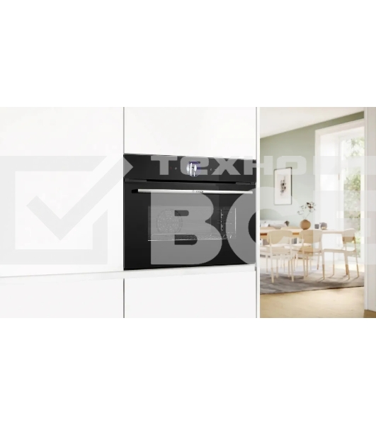 Компактный духовой шкаф-пароварка, черный, 14 режимов + комбинированные режимы, функция приготовление на пару 100%, 4-слойное остекление, 3 цветных текстовых TFT-дисплея 2,5' с сенсорным управлением, ControlRing, функции HomeConnect: удаленная диагностика, контроль и мониторинг, LED-освещение, меню Assist, PerfectBake, термощуп PerfectRoast, самоочистка EcoClean