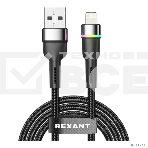 Кабель Rexant USB-A - Lightning для Apple, 2,4А, 1м, в черной нейлоновой оплетке, с LED подсветкой, фото2