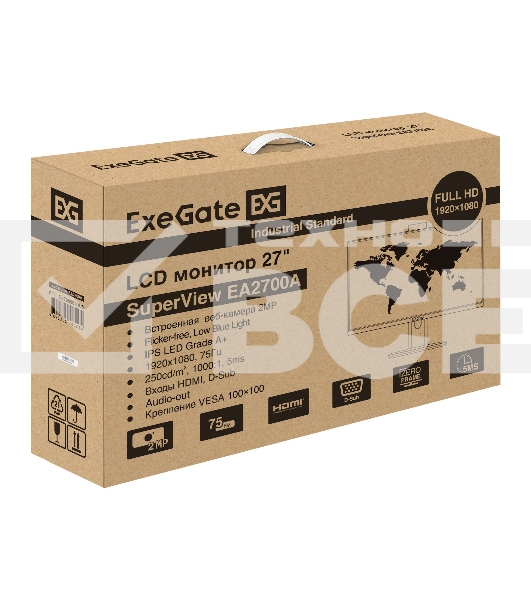 Монитор 27' ExeGate SuperView EA2700A IPS 1920x1080, 75 Гц, 5 мс, 16:9, 250 кд/м², HDMI 1.4, VGA, веб-камера (2 Мп), 3.5 мм, черный