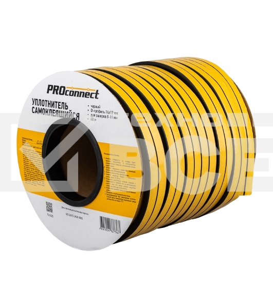 Уплотнитель самоклеящийся, черный, D-профиль 14х12мм, для зазоров 8-11мм, бухта 40м PROconnect