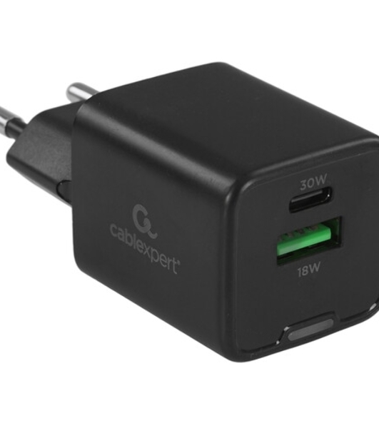 Зарядное устройство Cablexpert MP3A-PC-64, 30Вт GaN, 3А, QC4.0/PD, 1xUSB, 1xType-C, черный, пакет