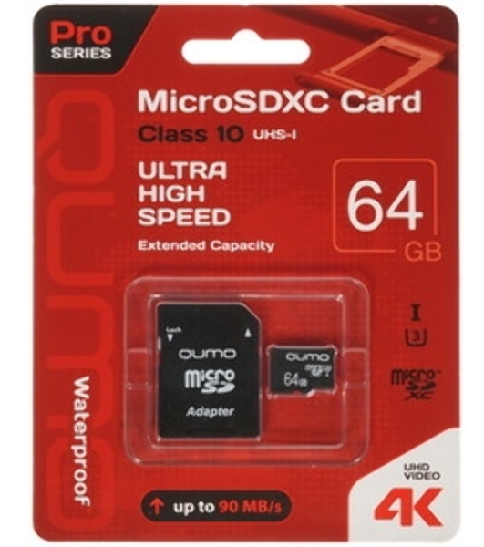 Флеш карта QUMO MicroSDXC 64Gb 90/45 МБ/с UHS-I U3, Pro seria 3.0, адаптер в комплекте SD, красная картонная упаковка