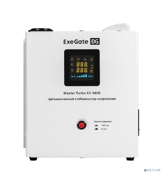 Стабилизатор напряжения настенный ExeGate Master Turbo XV-5000 (5000ВА, вход 80-265В, цветной дисплей, выход 220В±8%, КПД 98%, 5 уровней защиты, задержка, усиленный метал.корпус, клем.колодка+2*Schuko, RTL)