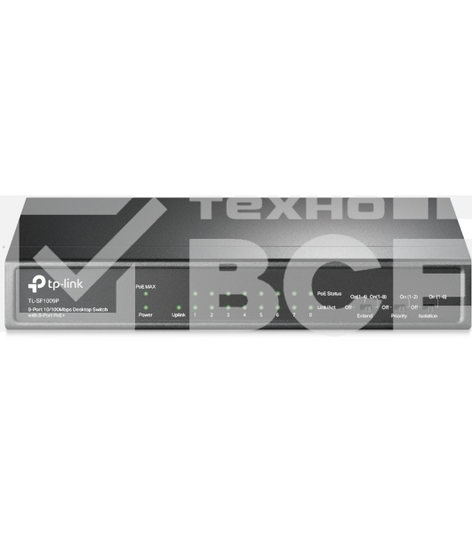Коммутатор 9-port 10/100Mbps unmanaged switch with 8 PoE+ ports, compliant with 802.3af/at PoE, 65W PoE budget, support 250m Extend Mode, Priority mode and Isolation mode, desktop mount, plug and play.