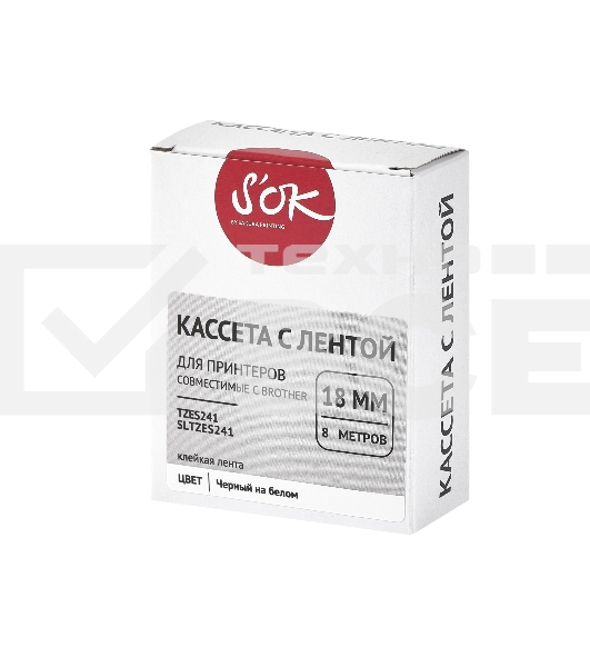 Кассета с лентой S'OK by Sakura Printing TZES241 для Brother, черный на белом, 18мм/8м, наклейка