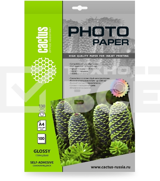 Фотобумага Cactus CS-GSA4130100 A4/130г/м2/100л. глянцевое самоклей. для струйной печати