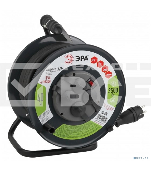 Удлинитель силовой ЭРА RMx-4es-3x2.5-40m-IP44(KG) на метал. катушке с/з 4 гнезда 40 м КГ 3х2.5