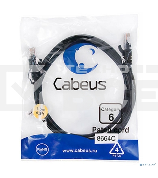 Шнур комм. Cabeus, cat.6, неэкр., U/UTP, RJ45/RJ45, PVC, AWG24, 1.5м, черный