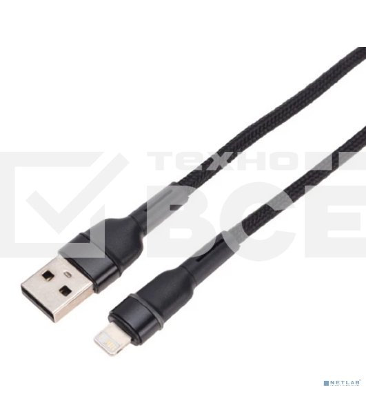 Кабель Rexant USB-A - Lightning для Apple, 2,4А, 1м, в черной нейлоновой оплетке, с LED подсветкой