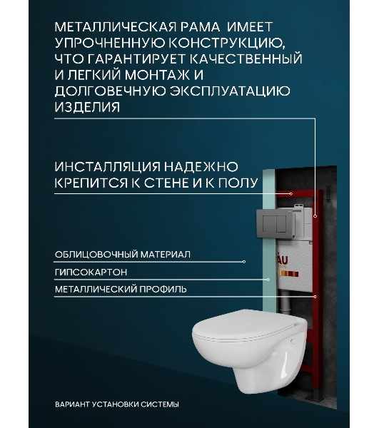 Комплект BAU 6 в 1: инсталляция BAU PRO для подвесного унитаза, унитаз подвесной безободковый Bau Novo, быстросъемное сиденье микролифт, кнопка BAU Stil Gun Grey, нерж. сталь темно-серый металлик