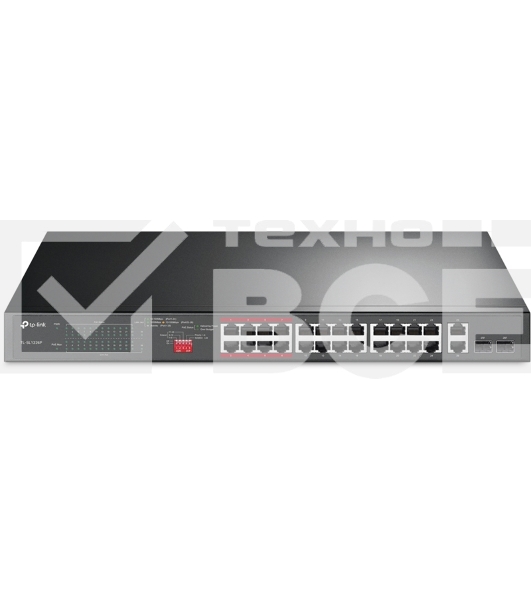 Коммутатор 24-port 10/100Mbps Unmanaged PoE+ Switch with 2 combo RJ-45/SFP uplink ports, metal case, rack mount, 24 802.3af/at compliant PoE+ ports, 2 gigabit combo RJ-45/SFP uplink ports, DIP switches for Extend mode, Isolation mode and Priority mode, up